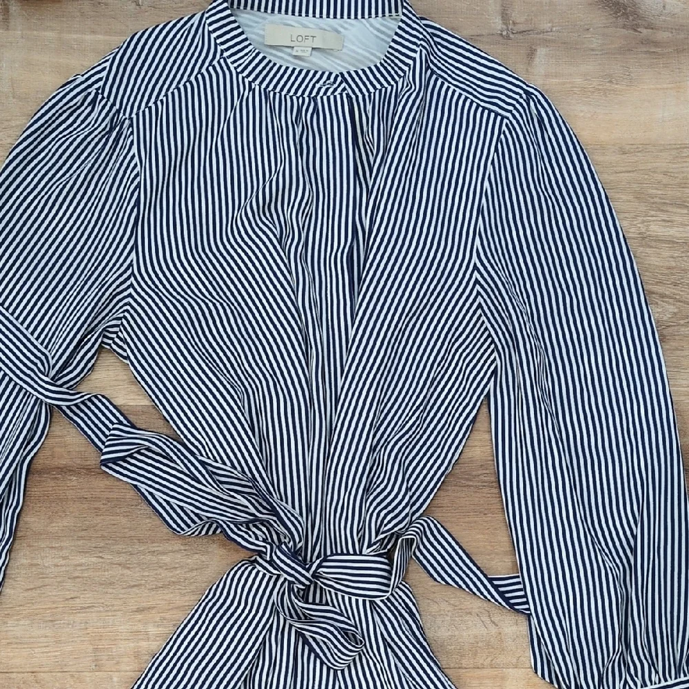 LOFT Navy and White Striped Long Sleeve Dress - Picture 2 of 6